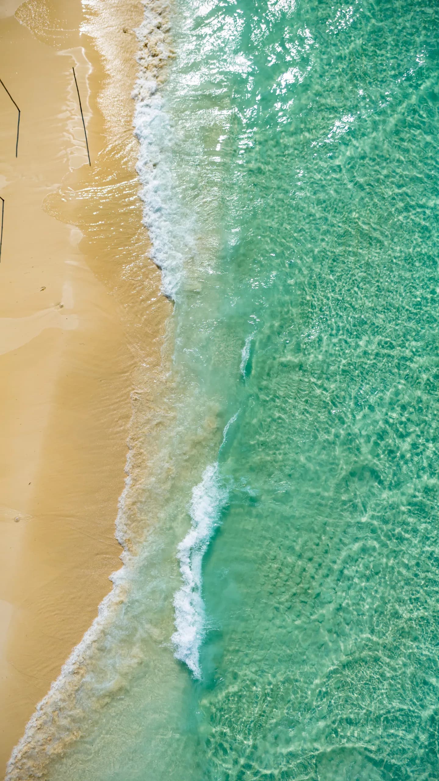 Aerial view of a quiet Zanzibar beach meeting turquoise water